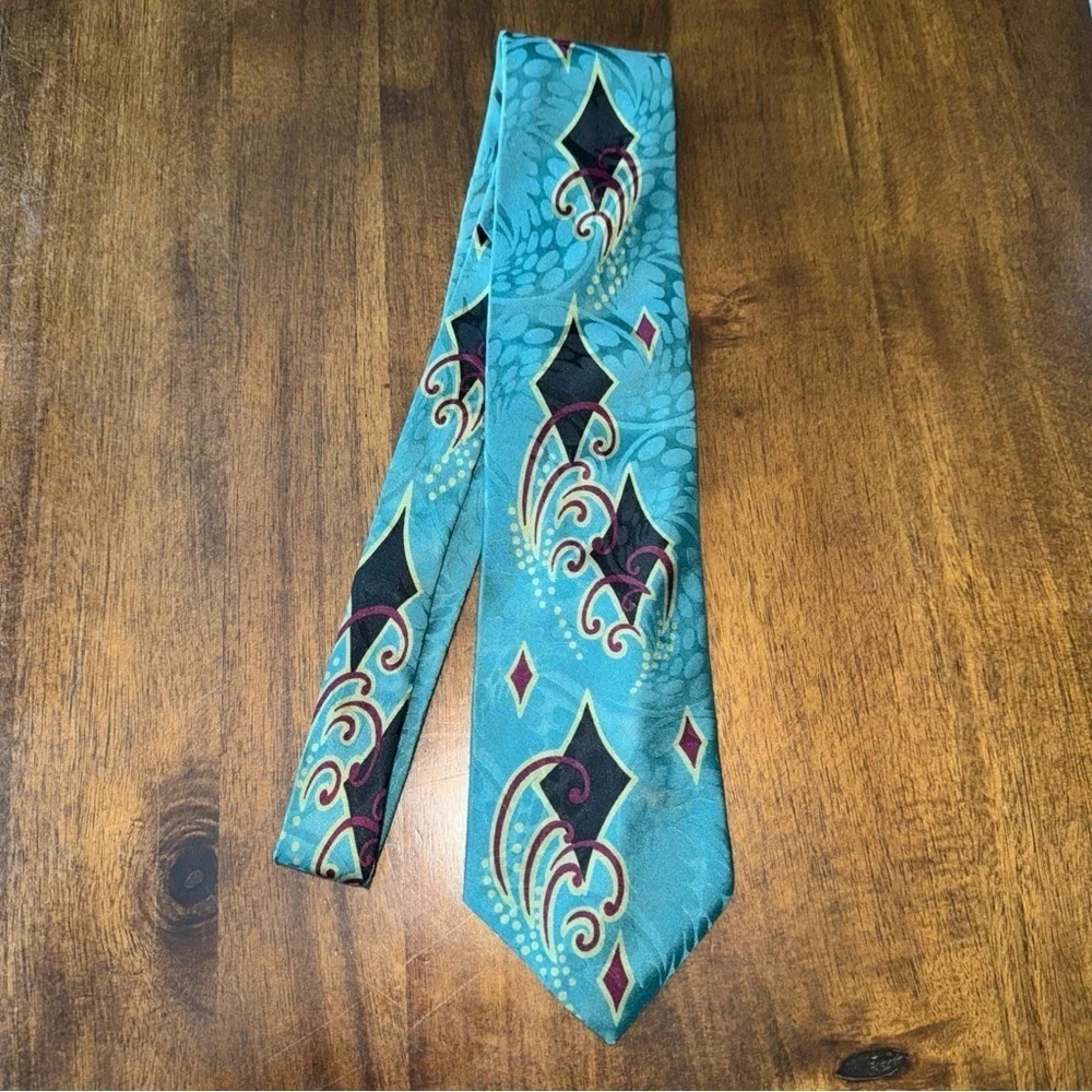 Screenplay by Martin Wong Mens Tie 100% Silk Abstract Teal Blue Diamond Retro